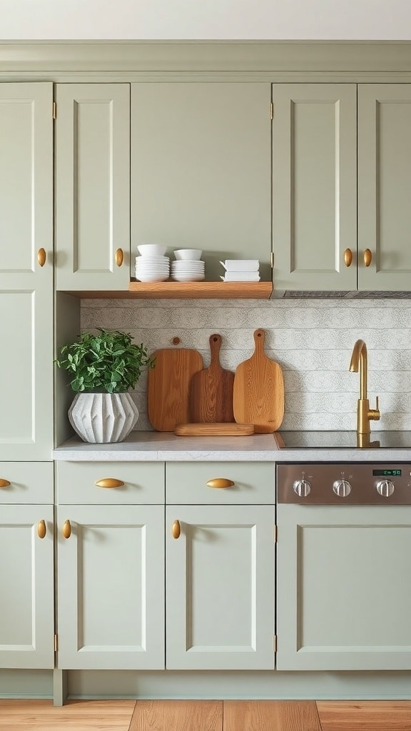 A cozy kitchen featuring sage green cabinets, wooden accents, and a potted plant.