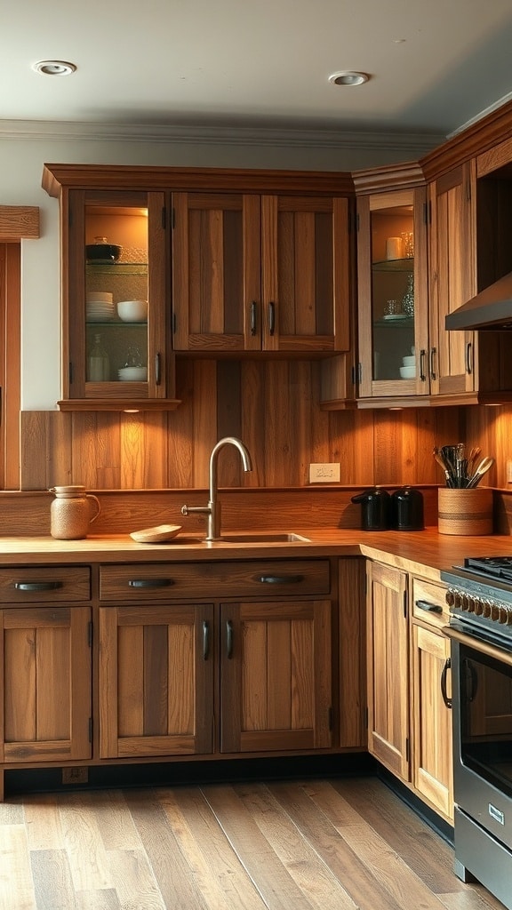 A kitchen featuring reclaimed wood cabinets with glass doors and modern fixtures.