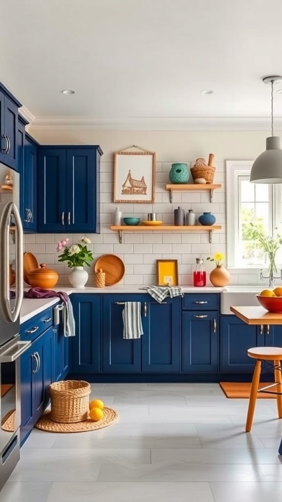 A navy blue kitchen featuring colorful accessories like orange and turquoise items on shelves, and red and yellow decorations on the countertop.