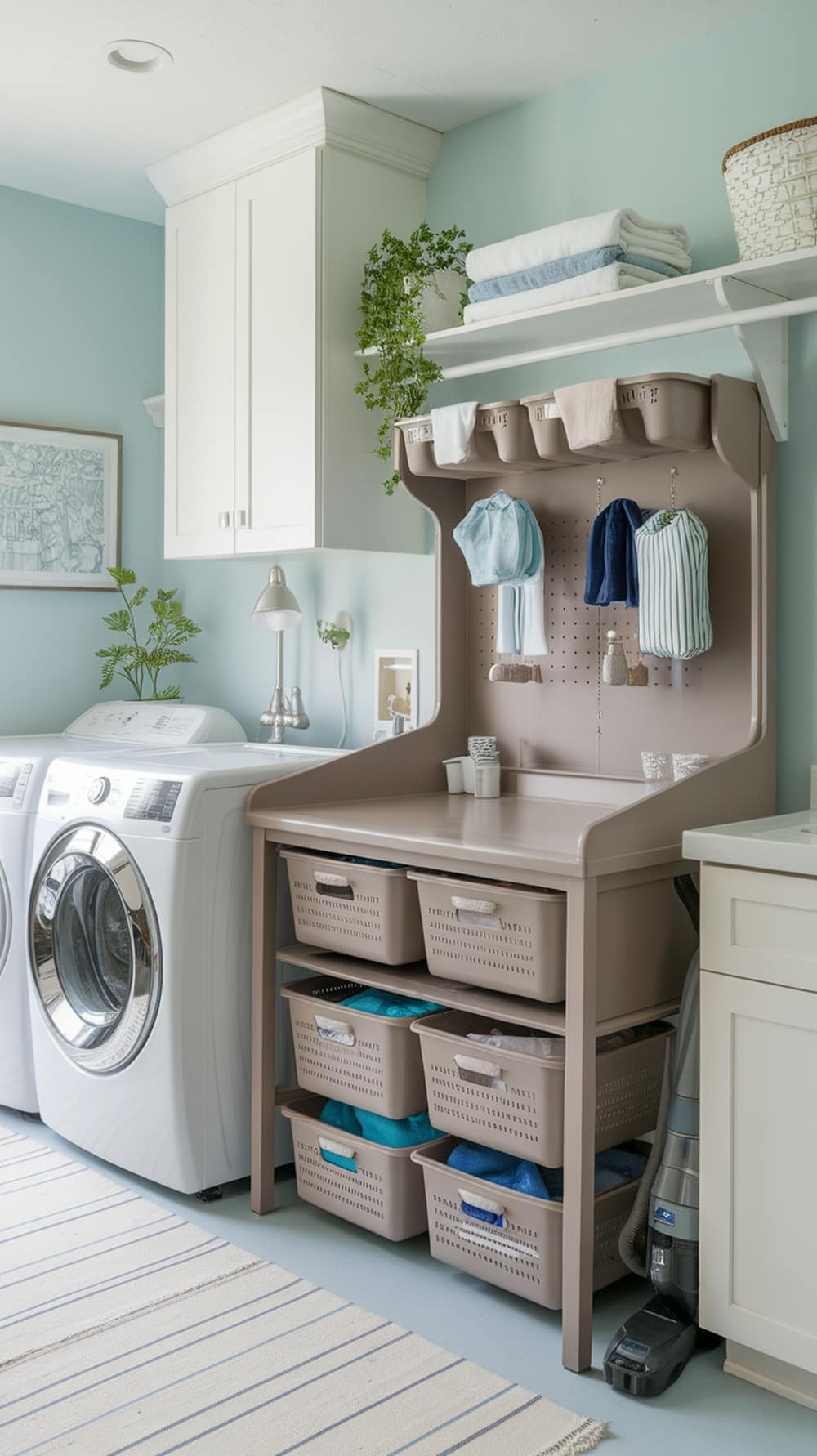 A taupe folding station in a laundry room with storage baskets and shelves.