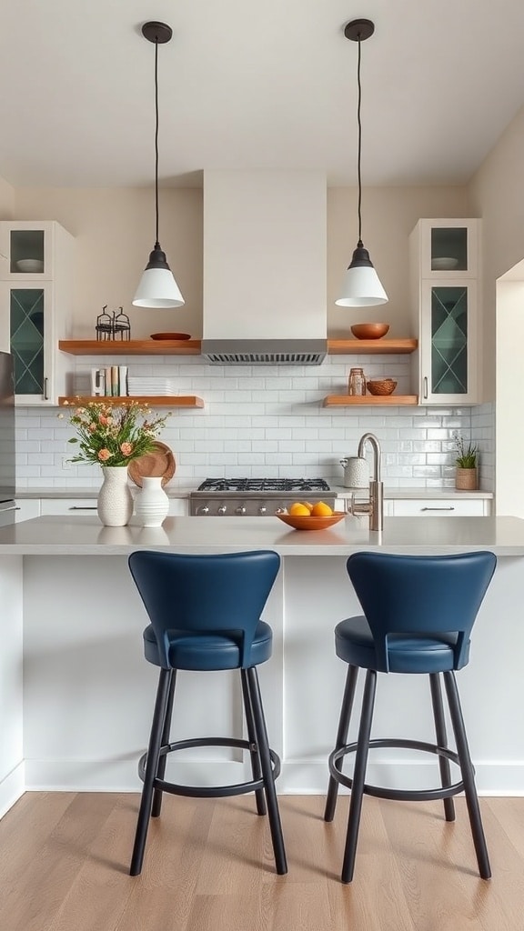 Two navy blue bar stools at a modern kitchen island with light wood flooring and bright countertops.