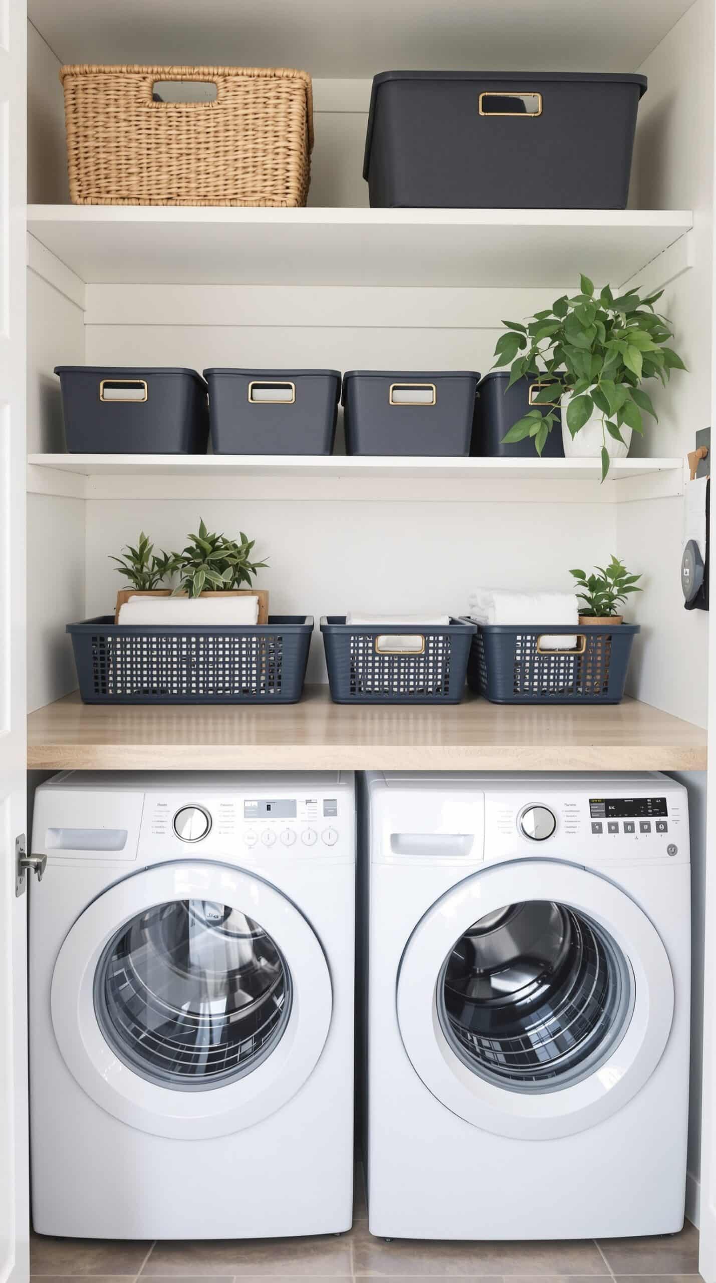 A modern laundry room with dark storage bins, a light wood countertop, and plants.