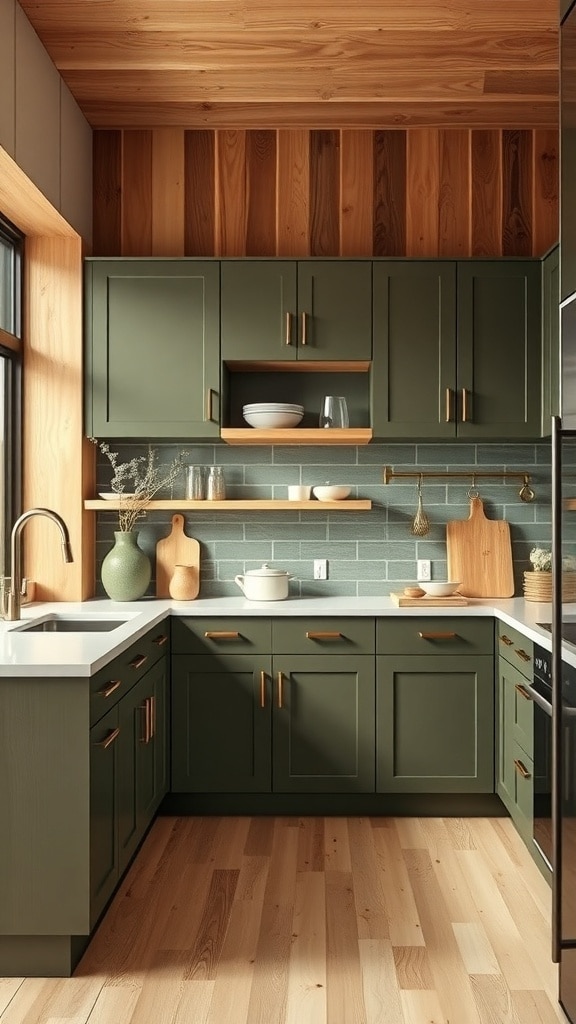 A modern kitchen featuring olive green cabinets and natural wood elements, including a wooden ceiling and shelves.