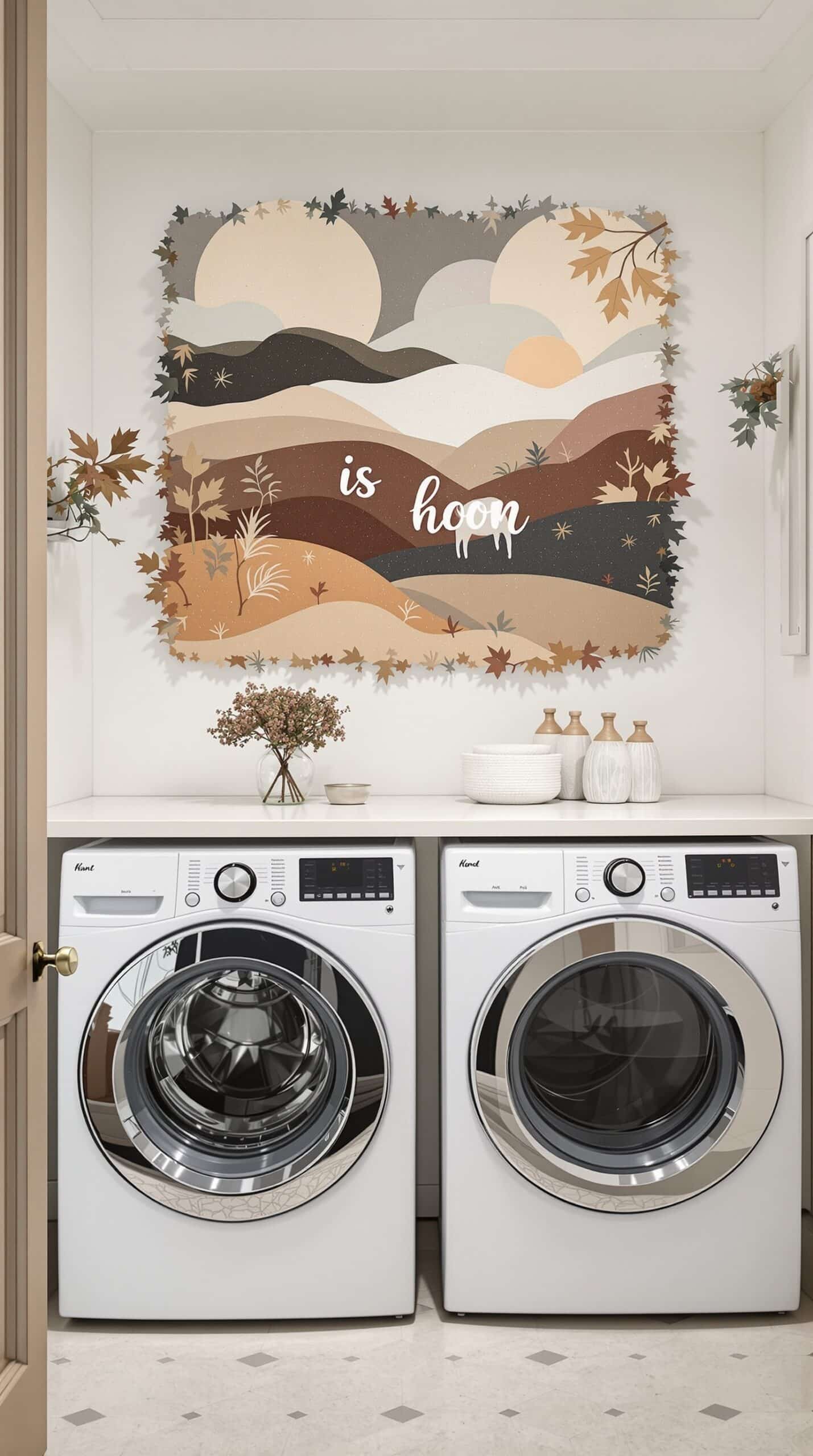 Earthy toned wall art in a laundry room featuring abstract hills and leaves