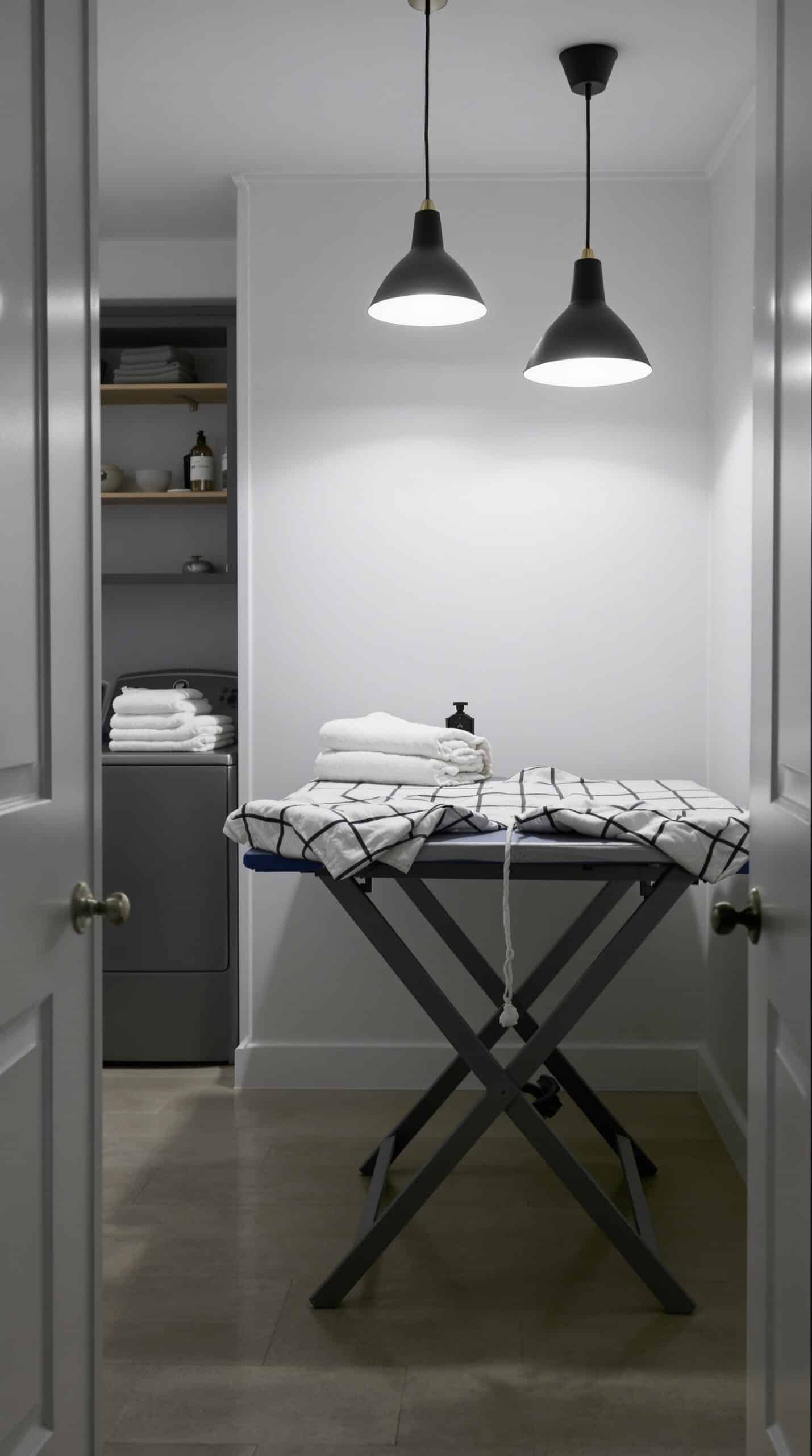Minimalist laundry room with black pendant lights and an ironing board