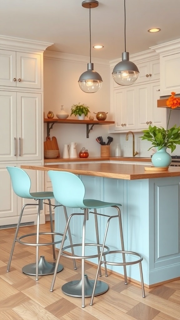 A cozy kitchen featuring retro dusty blue bar stools with a modern design.