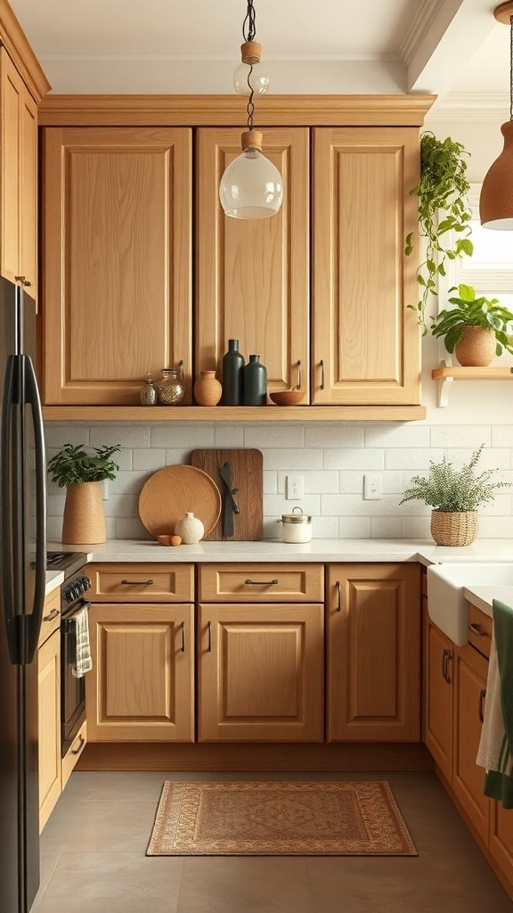 A kitchen featuring warm beige cabinets, earthy accents, and natural decor elements.