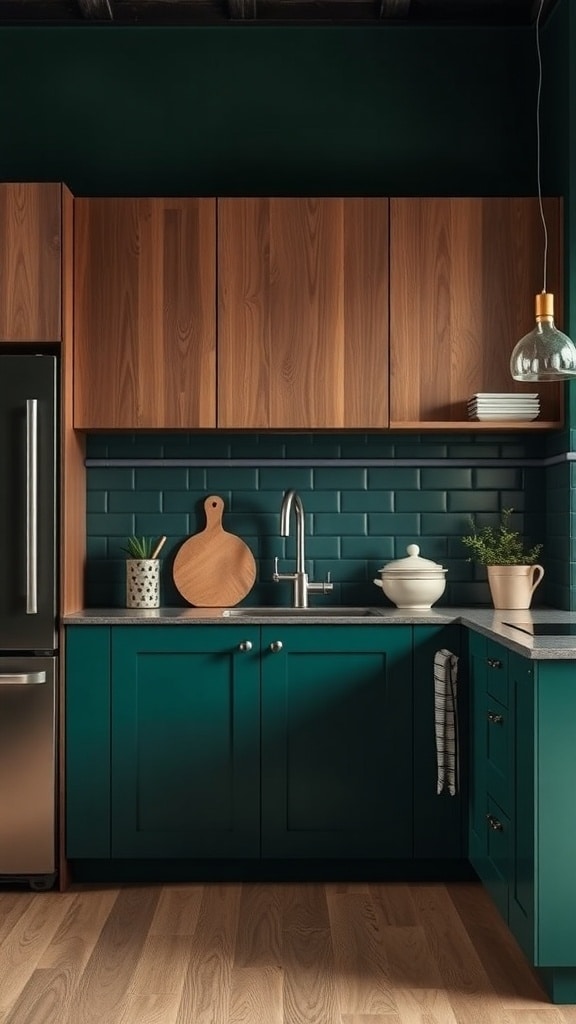 A kitchen featuring an accent wall in deep emerald green with wooden cabinets and modern appliances.