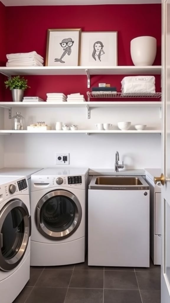 A laundry room featuring a rich burgundy accent wall, white appliances, and decorative shelves.