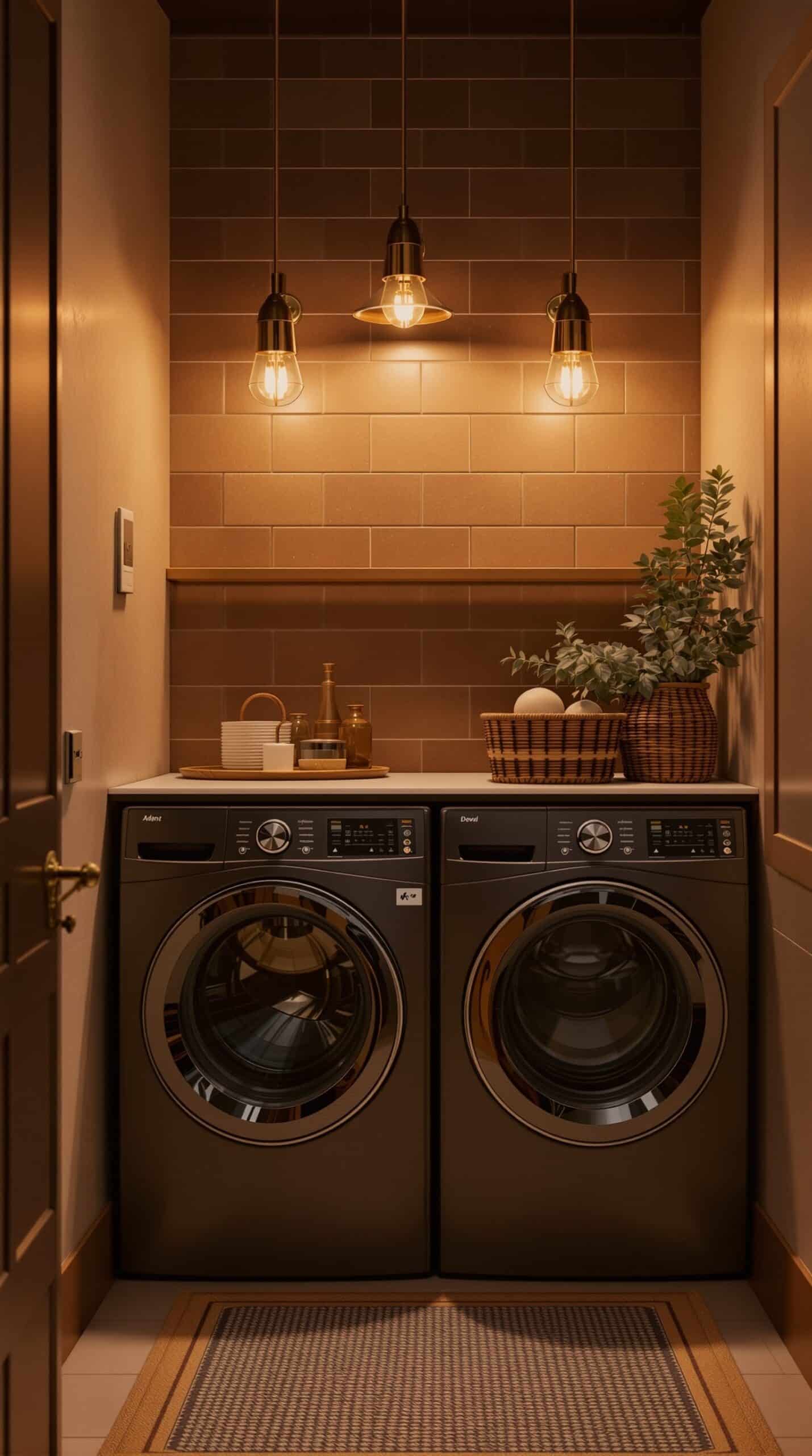 A cozy laundry room with warm lighting and earthy brown tones.