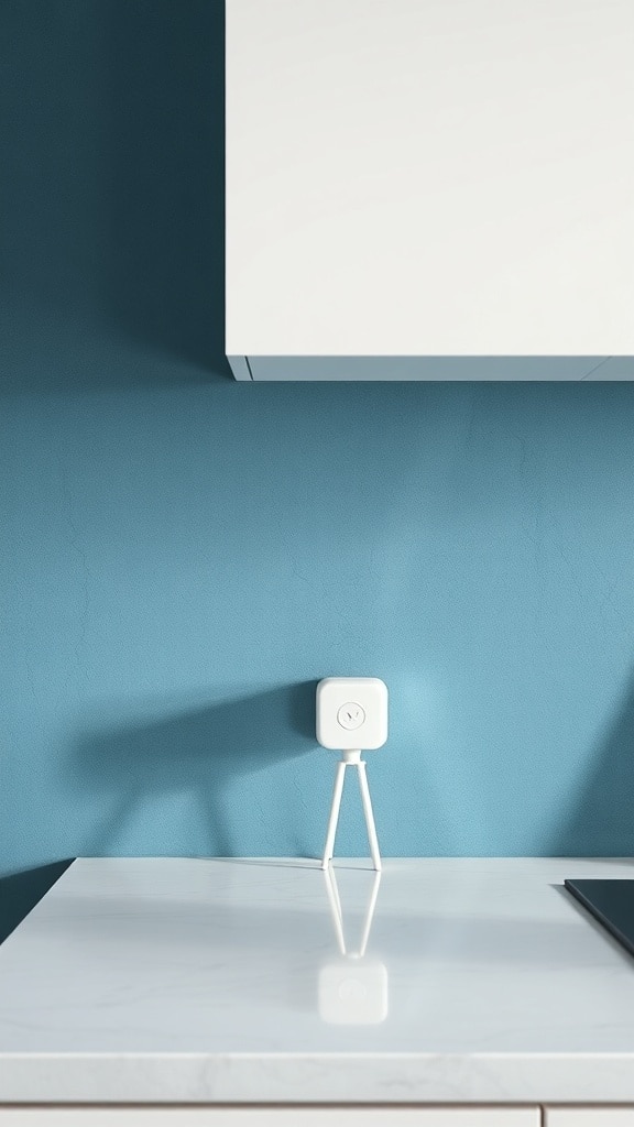 Textured slate blue backsplash in a modern kitchen with white cabinetry and a marble countertop.