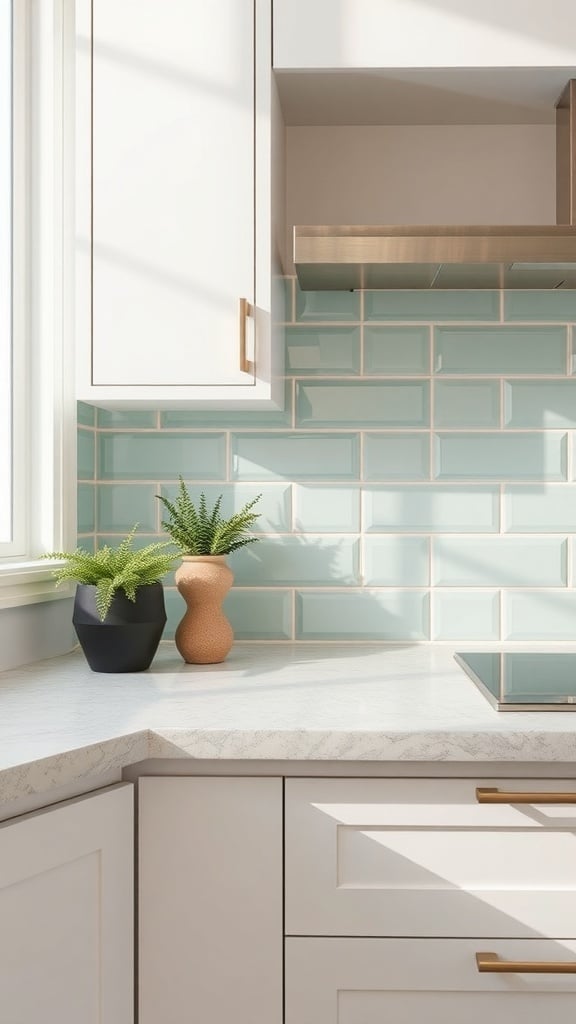 A kitchen featuring a soft mint backsplash with white cabinets and plants on the countertop.
