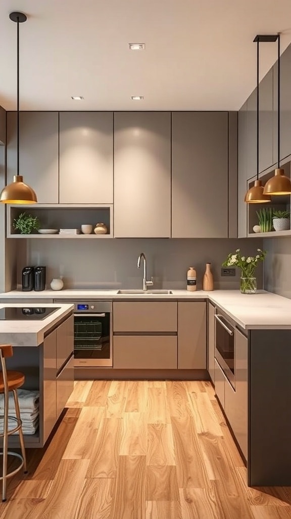A contemporary kitchen featuring beige and gray cabinetry, wooden flooring, and stylish pendant lights.