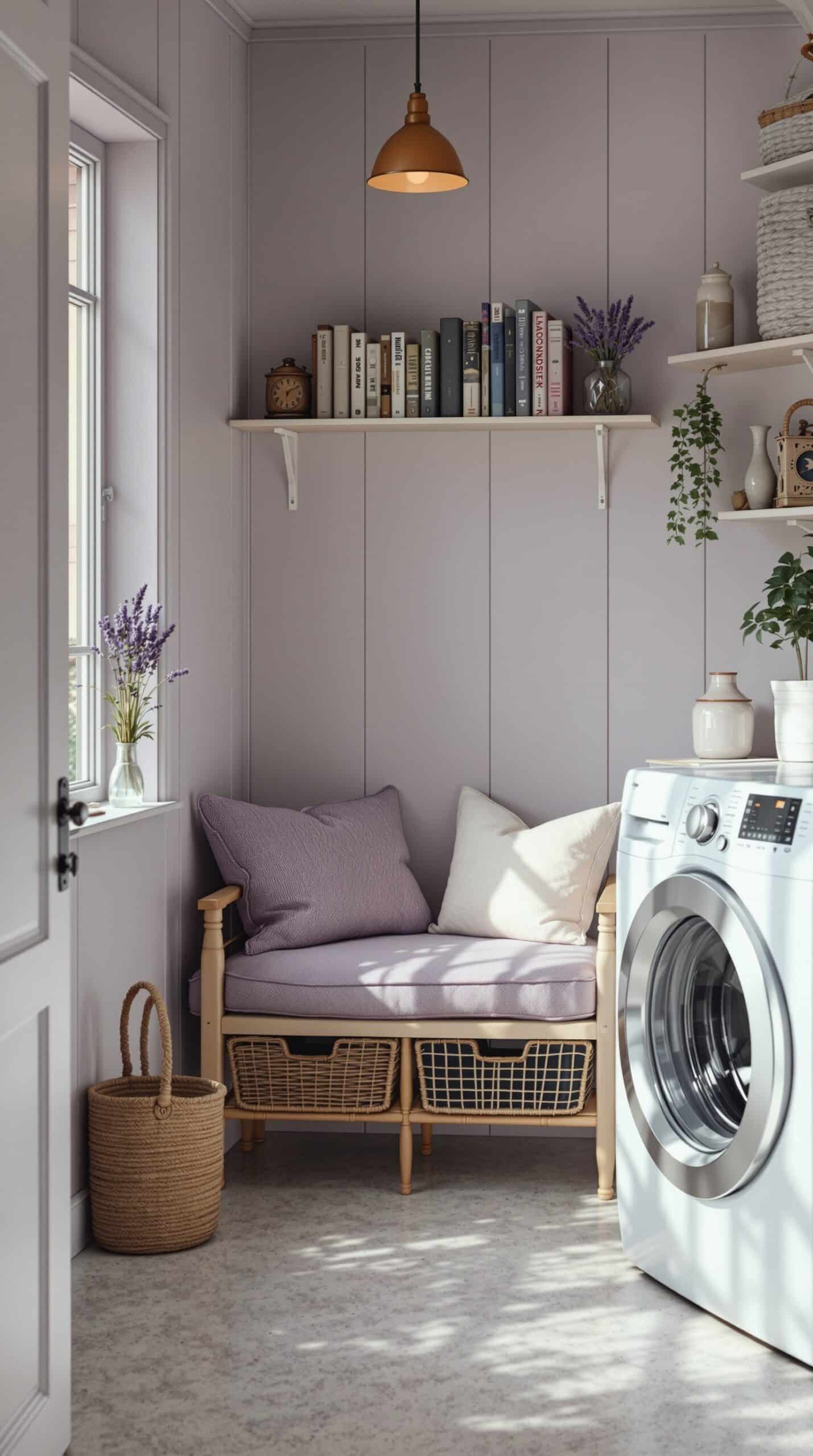 A cozy reading nook in a lavender laundry room with a bench, books, and lavender flowers.