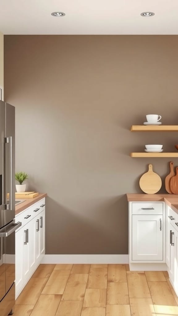 A kitchen with warm taupe accent wall, white cabinets, and wooden countertops.