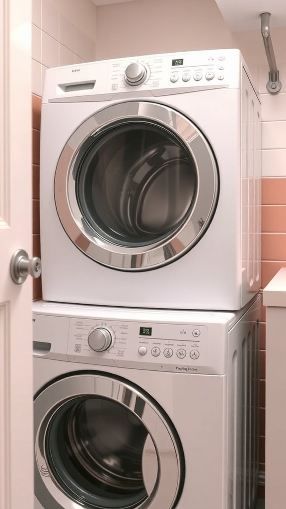 Laundry room with blush pink tile backsplash and stacked washer and dryer
