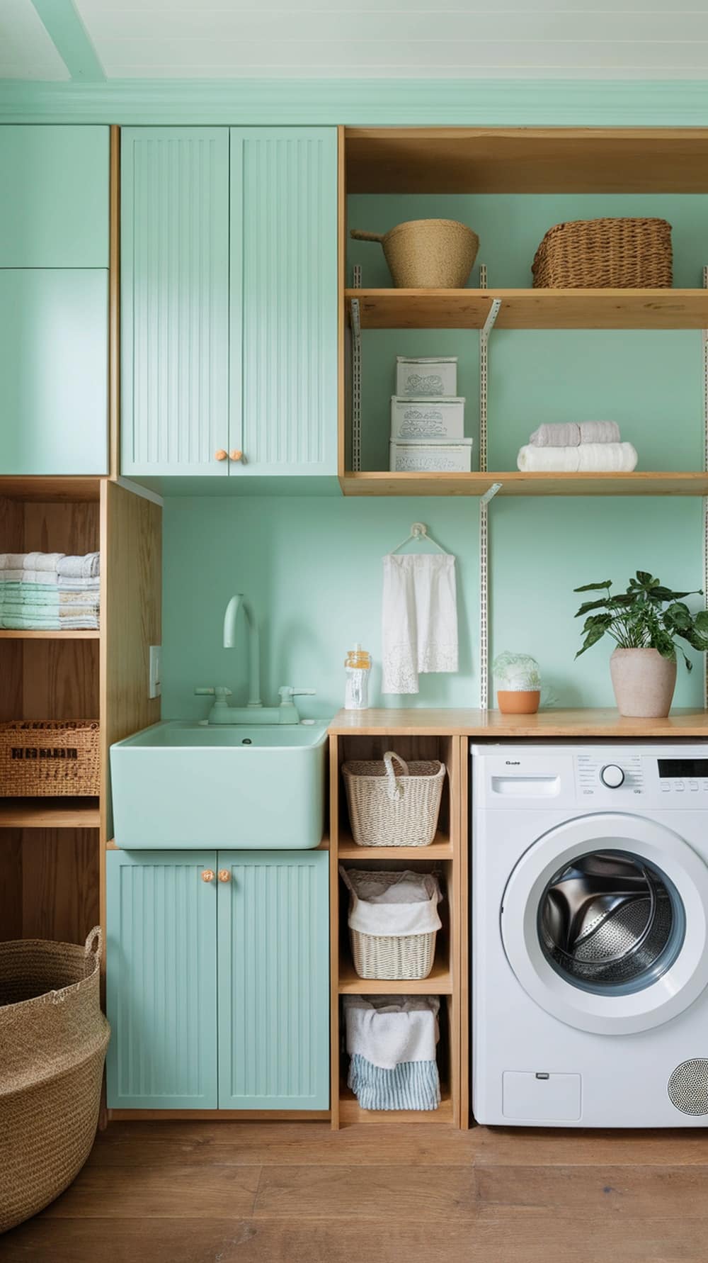 A mint-colored laundry room with wooden shelves, a sink, and a washing machine, showcasing a cozy and organized space.