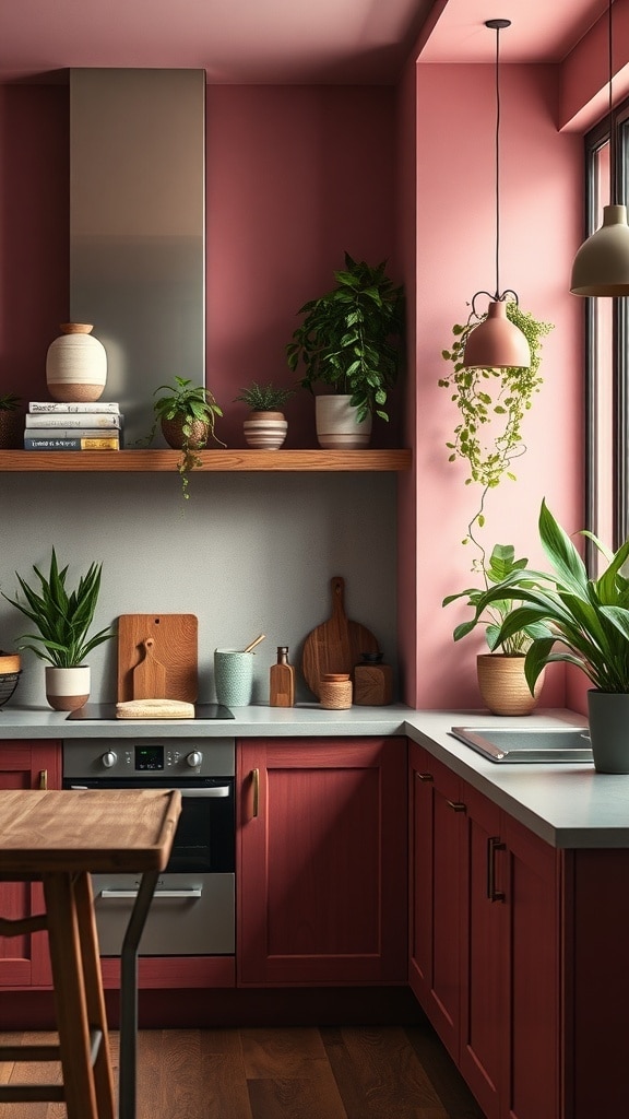 A kitchen featuring dark pink cabinetry, gray walls, and various plants, creating a cozy and modern atmosphere.