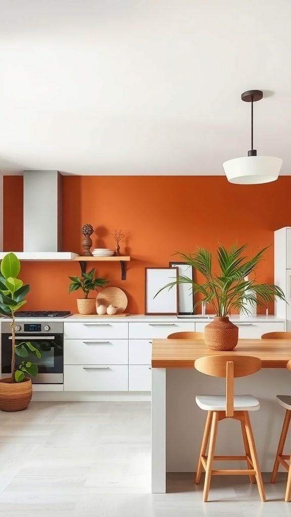 A modern kitchen featuring a terracotta accent wall, white cabinets, and wooden elements.