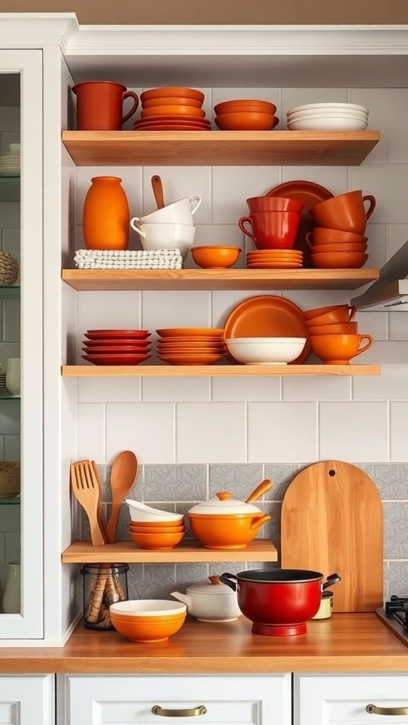 Open shelving displaying terracotta dishes in a cozy kitchen setting