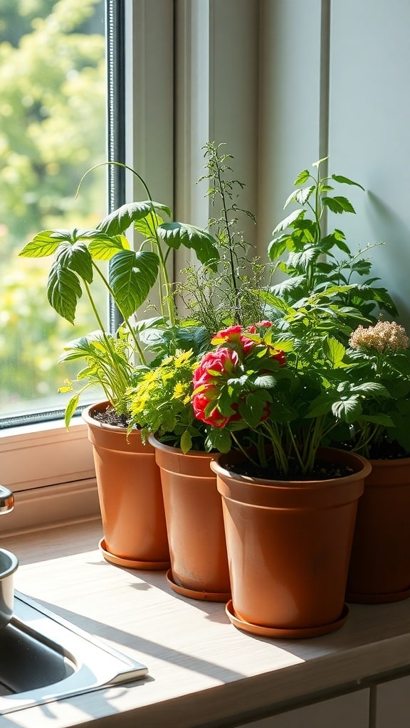 Indoor herb garden with pots of herbs and flowers by a sunny window