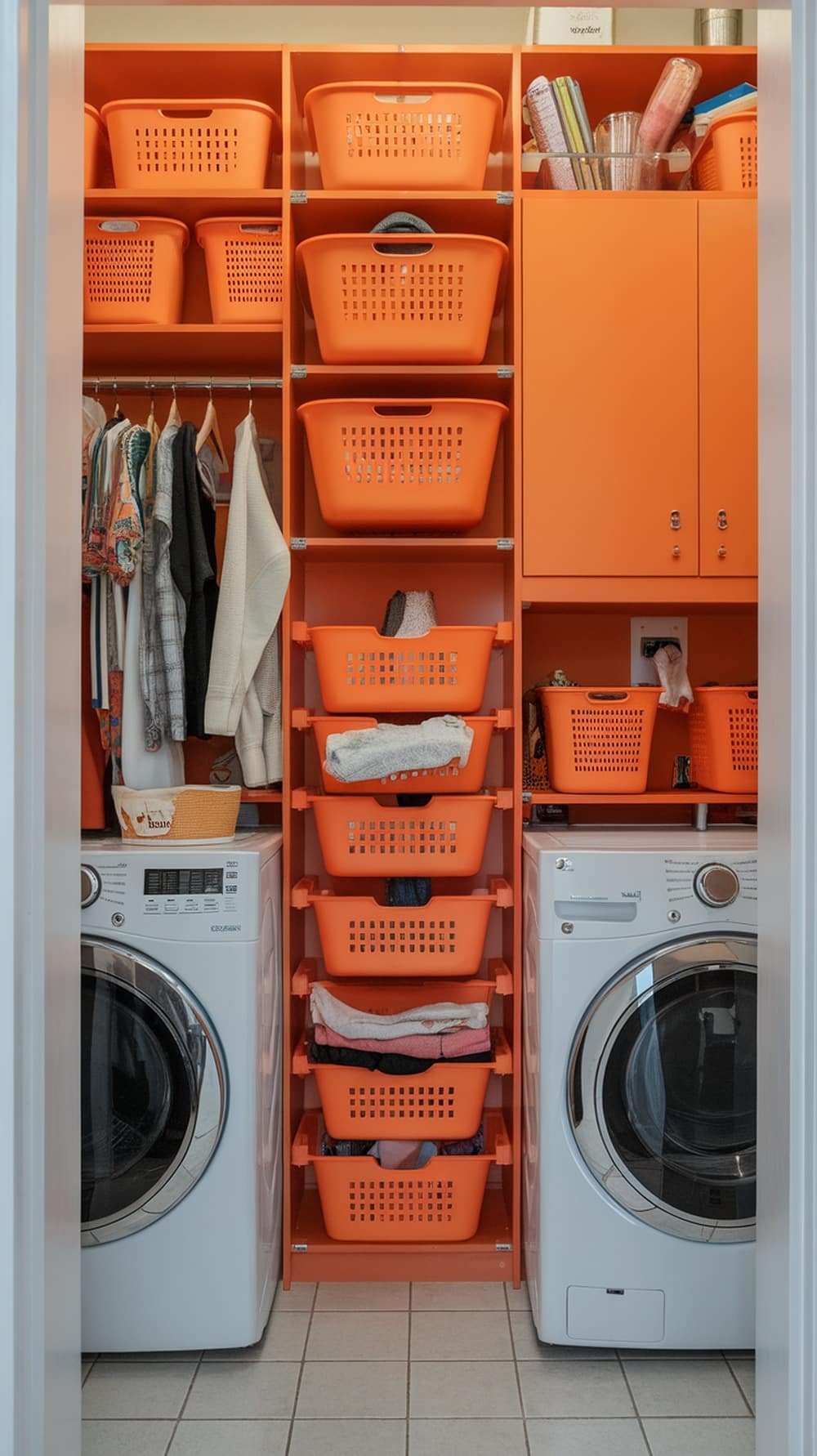 A bright orange laundry room storage solution with baskets and hanging space.
