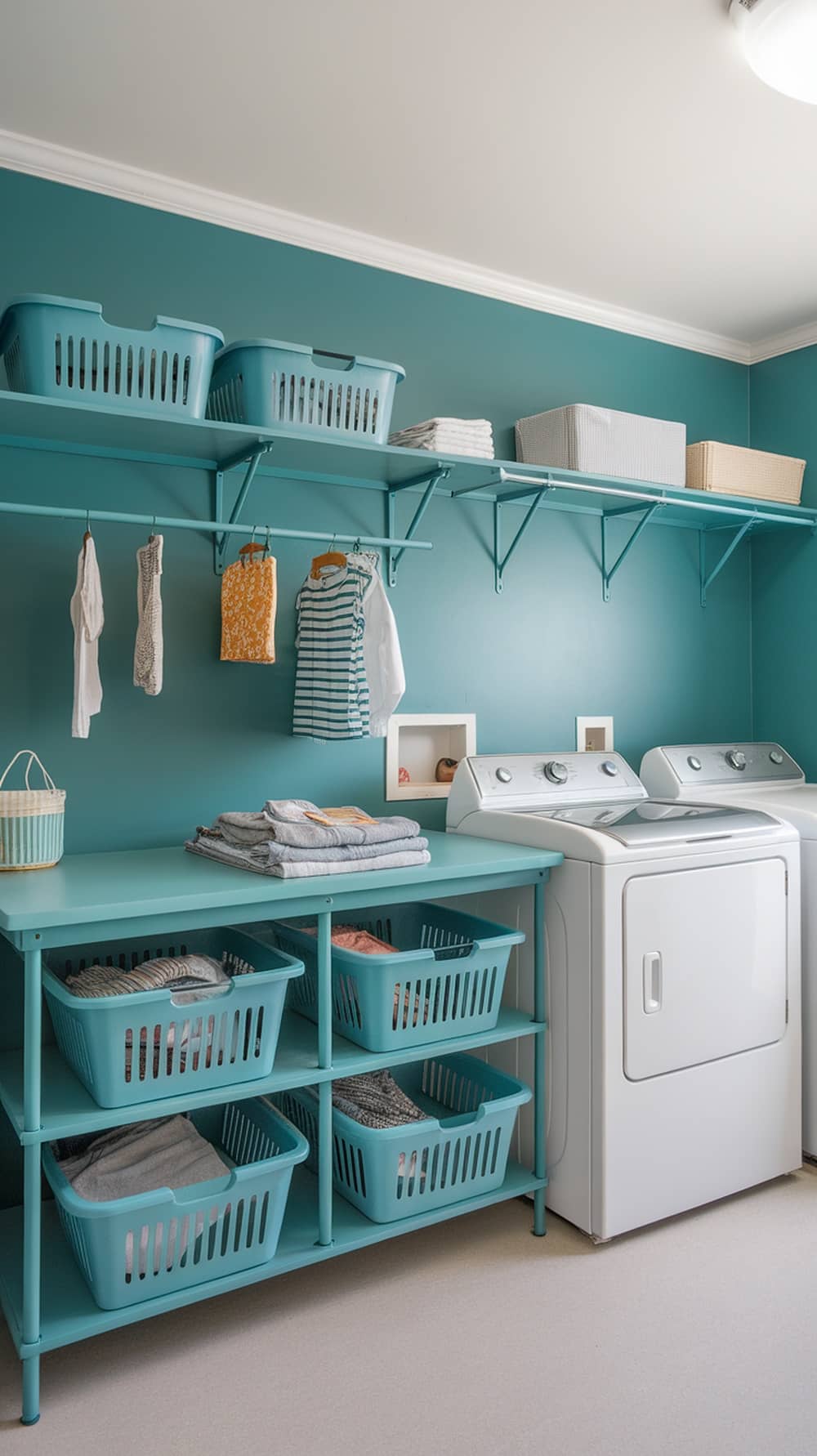 A teal laundry room with a folding station, storage baskets, and hanging clothes.
