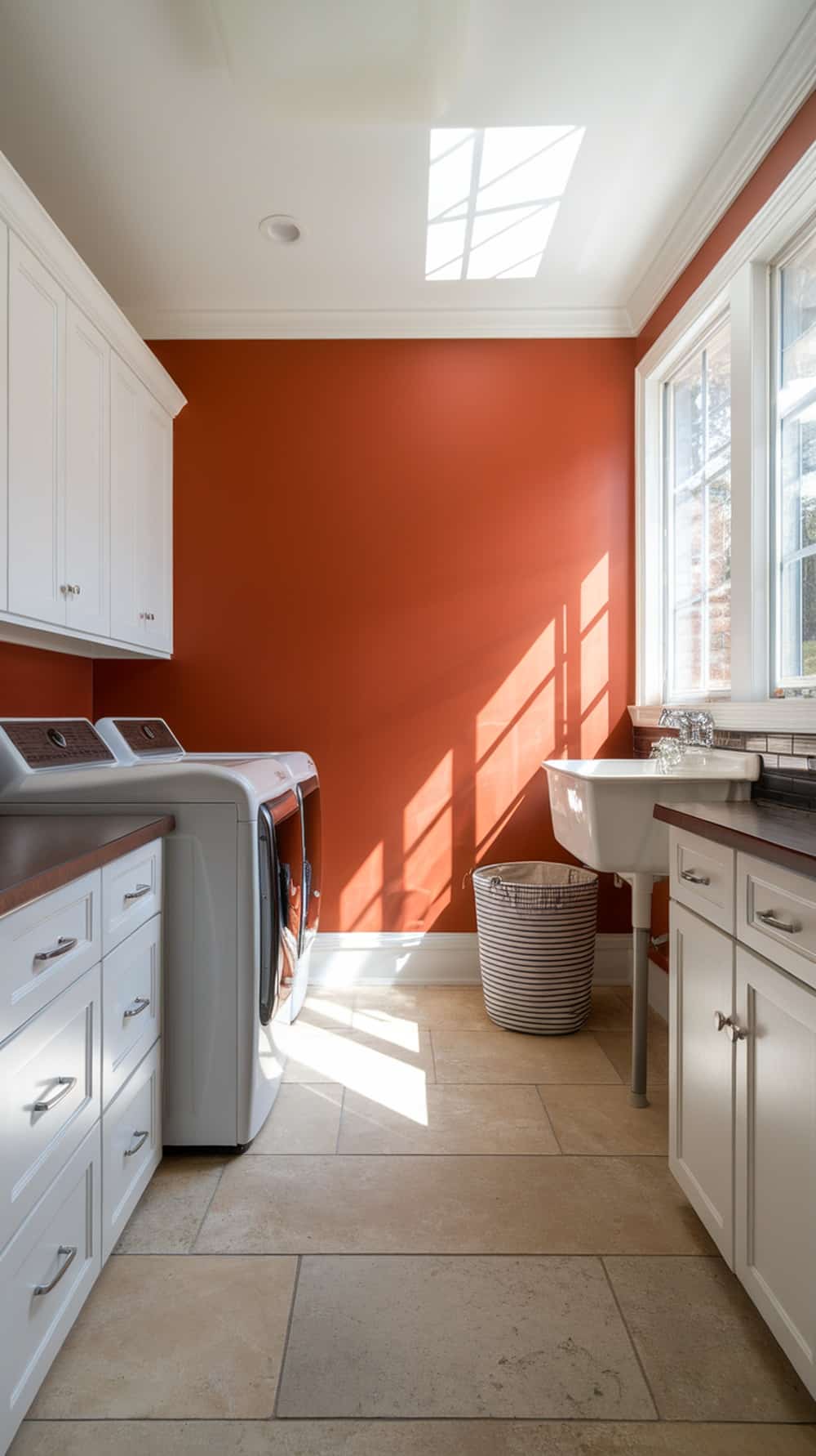 Laundry room with rust orange accent wall and white cabinetry