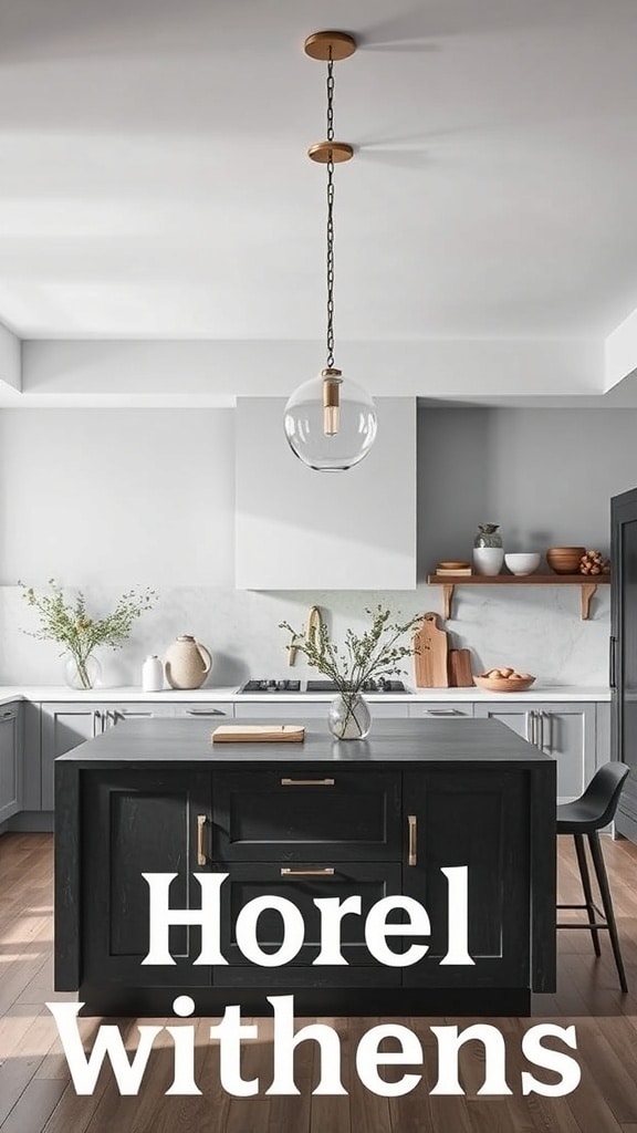 A modern kitchen with a dark gray island and pendant lighting.