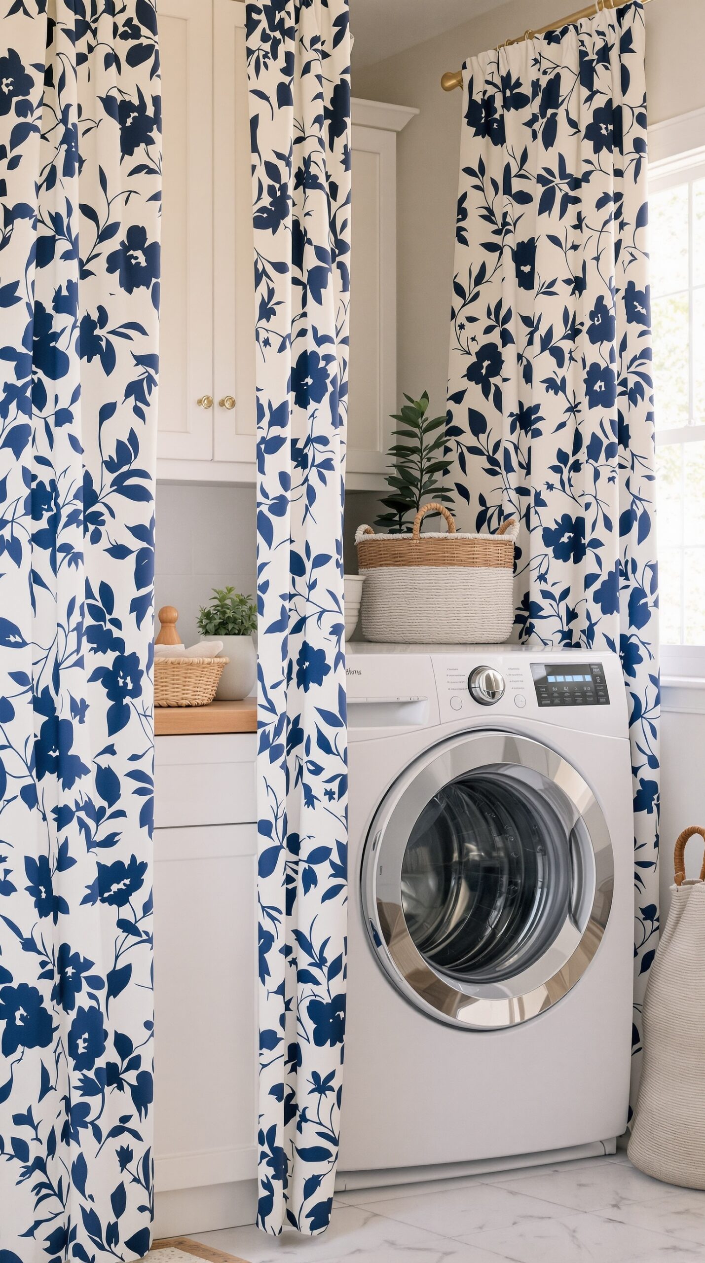 Laundry room featuring indigo floral patterned curtains, a washing machine, and decorative baskets.