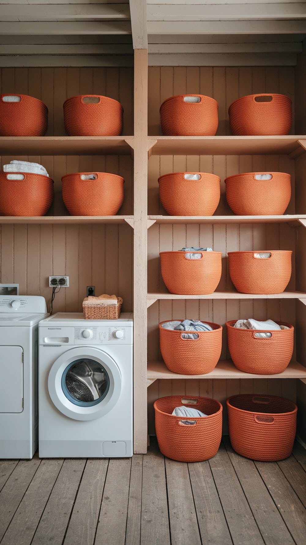 A laundry room featuring rustic woven baskets in earthy rust orange color on wooden shelves, with a washing machine beside them.