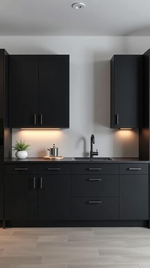 A modern kitchen featuring sleek matte black cabinets, light walls, and under-cabinet lighting.