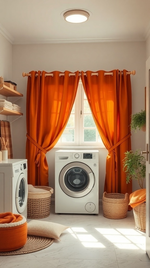 A laundry room featuring burnt sienna curtains, woven baskets, and soft cushions.