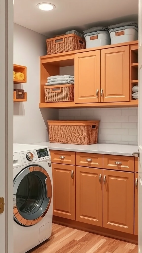Stylish caramel laundry room with smart storage solutions including open shelves and closed cabinets.