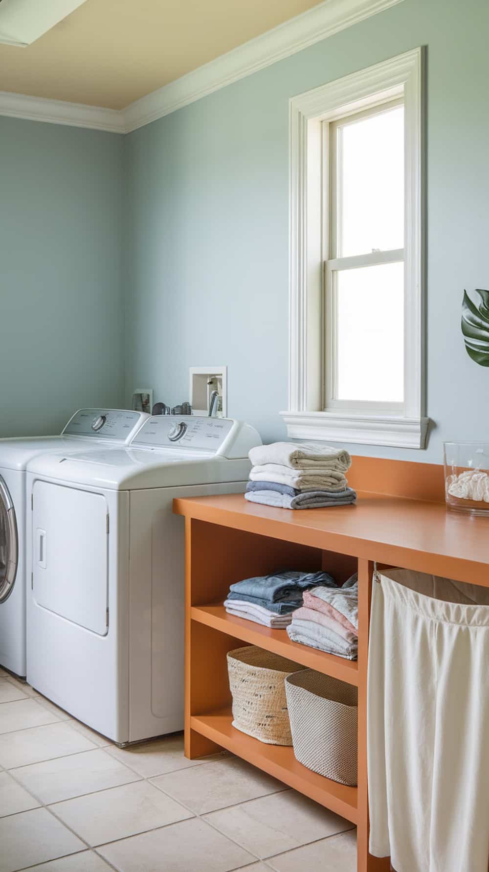 A bright laundry room with a functional folding station featuring an orange countertop, neatly stacked towels, and open shelving.