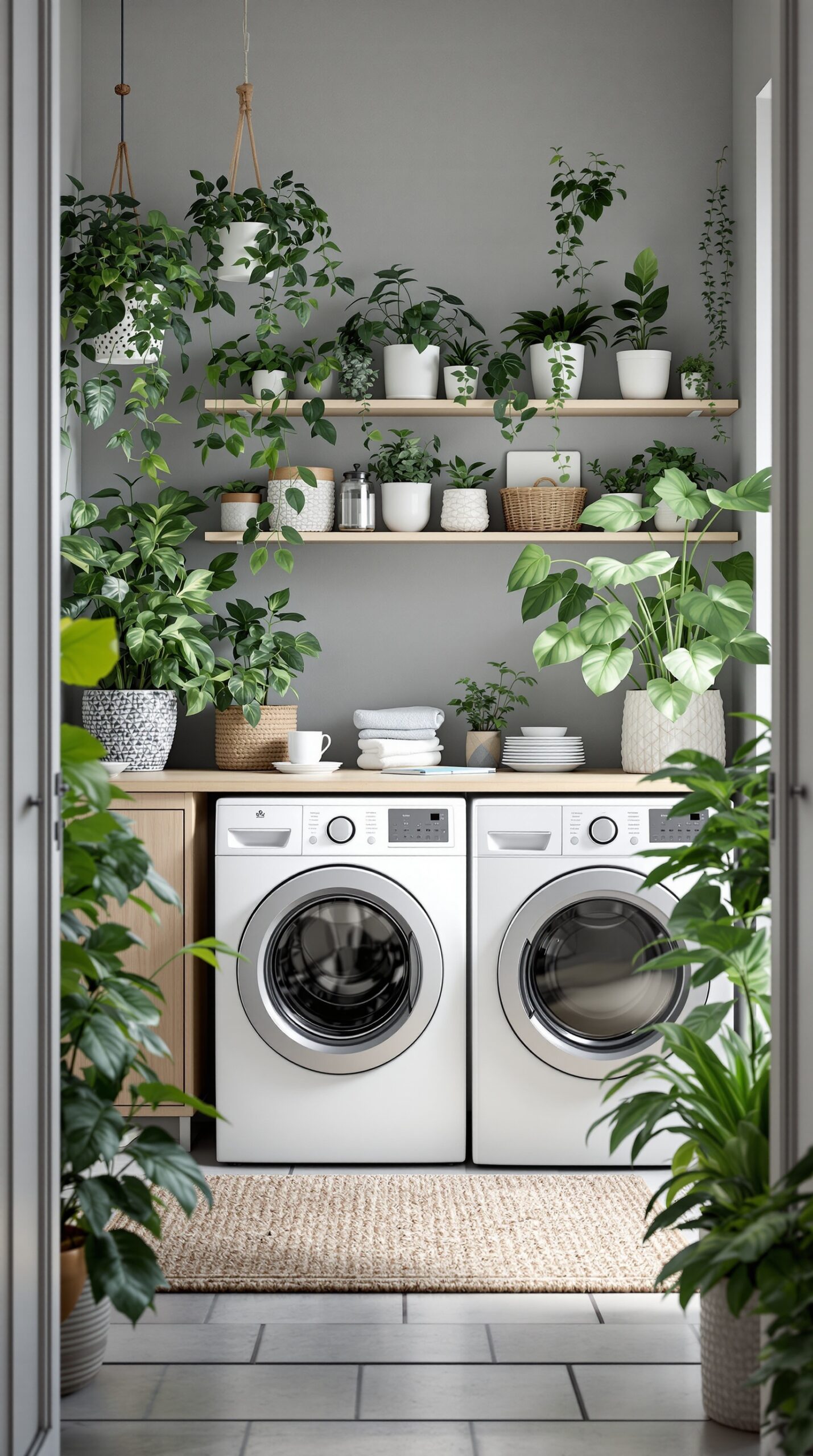 A gray laundry room filled with various green plants on shelves and the floor, creating a fresh and inviting atmosphere.