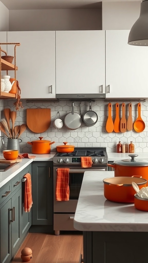 A modern kitchen featuring rust orange cookware, utensils, and towels against gray cabinets and white countertops.