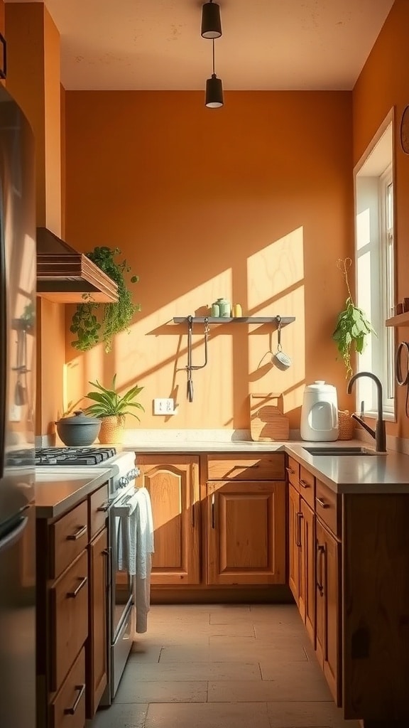 A kitchen with warm earthy ochre walls, wooden cabinets, and plants, showcasing a cozy atmosphere.