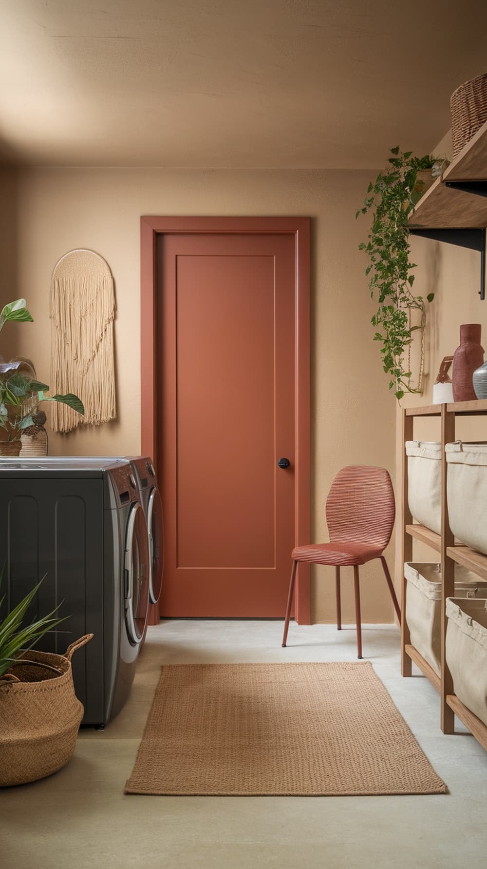 A cozy laundry room featuring a rust orange door, beige walls, and natural decor elements.