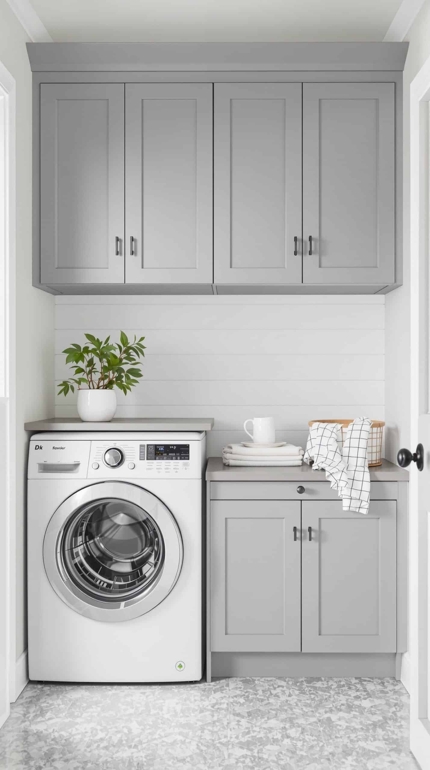 A small gray laundry room featuring multi-functional gray cabinets, a washer and dryer, and decorative elements.