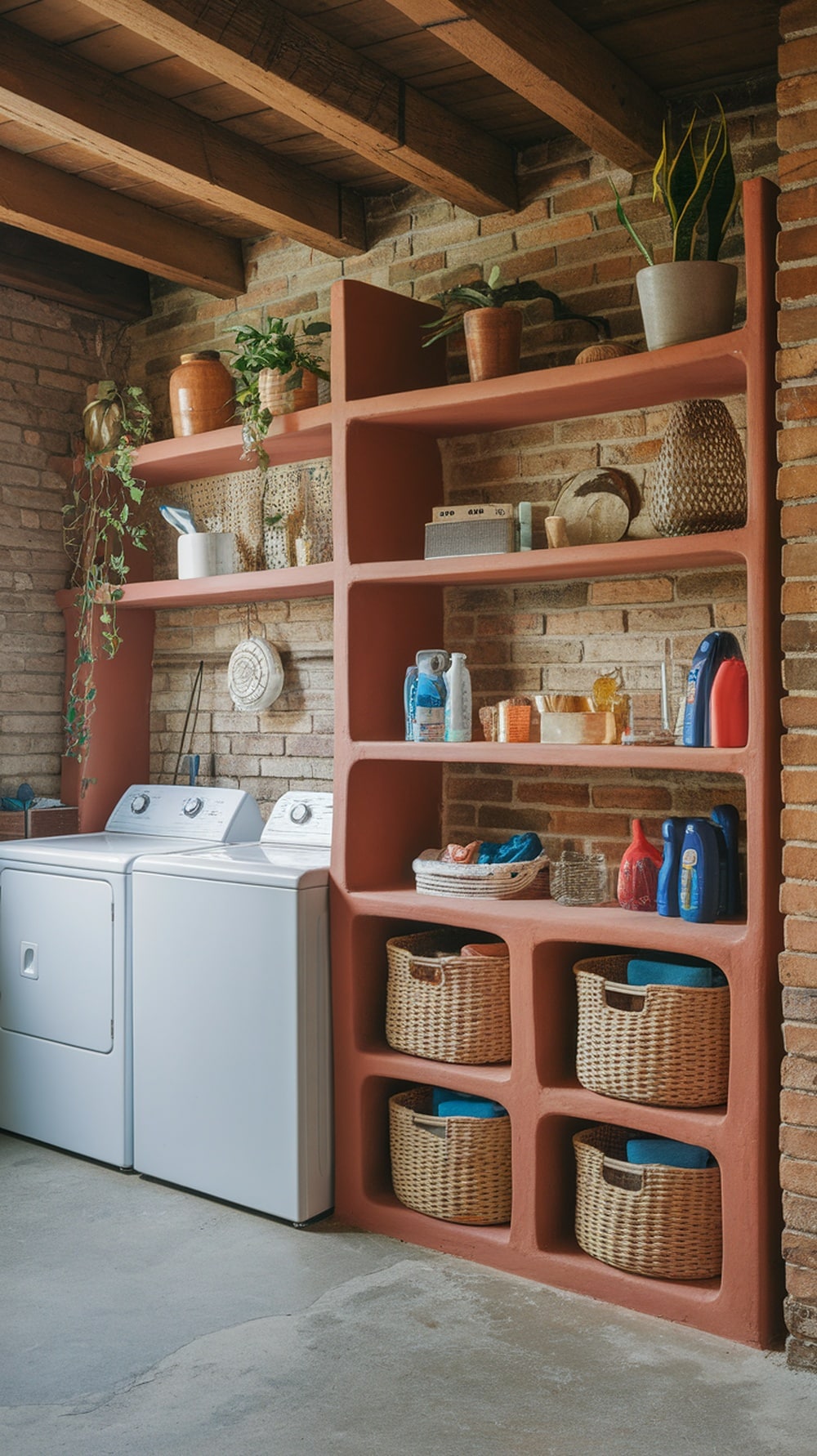A chic terracotta shelving unit in a laundry room, displaying plants and storage baskets against a brick wall.