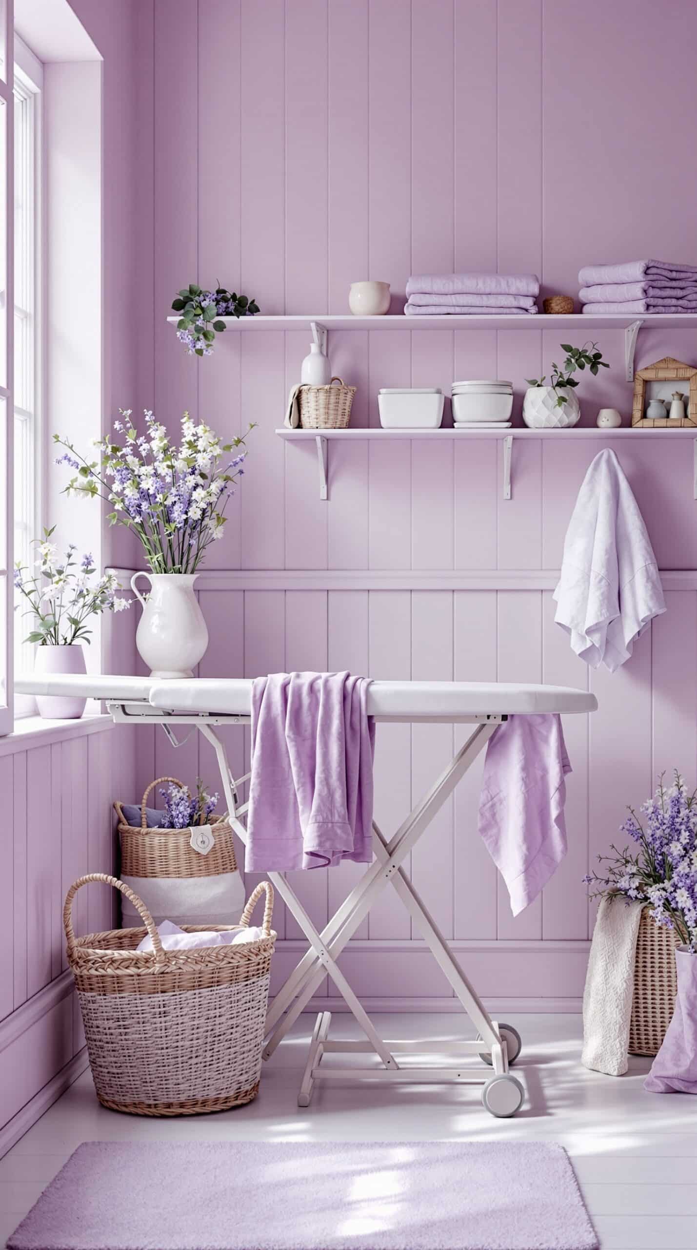 A vintage laundry room with a white ironing board, lavender walls, and decorative baskets and flowers.