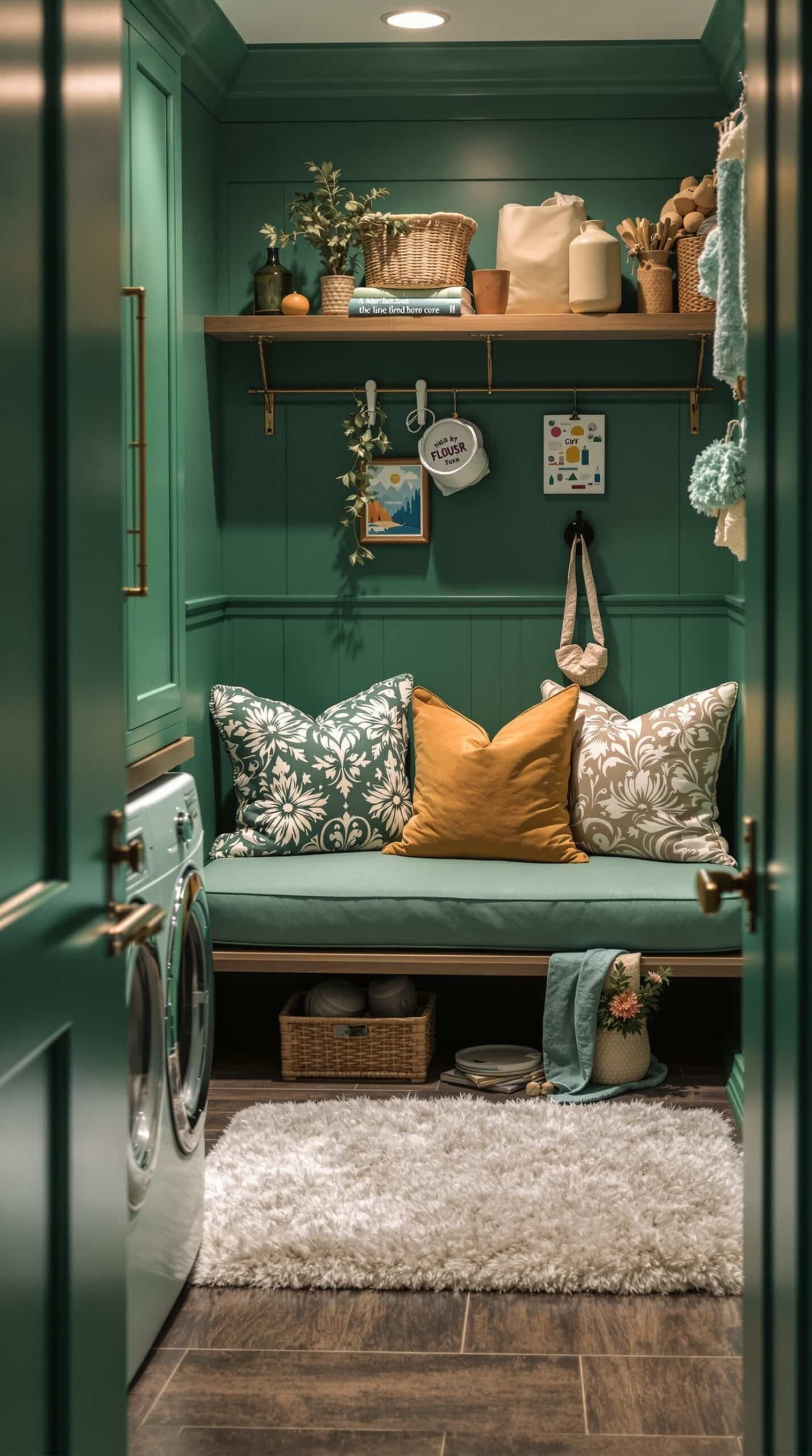 A cozy emerald green laundry room with a seating area featuring colorful pillows and decorative items.