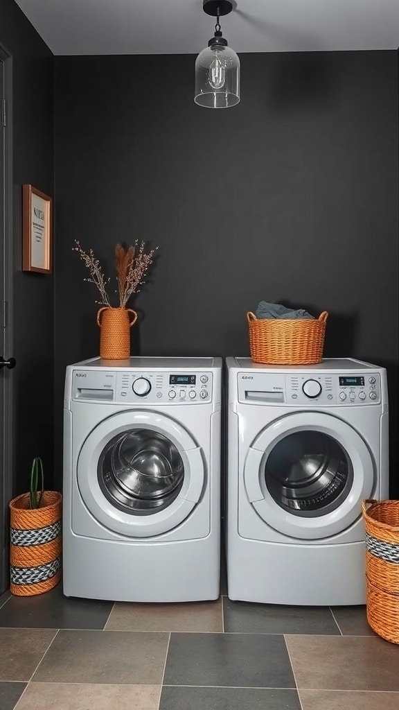 Laundry room with two washing machines and decorative woven baskets