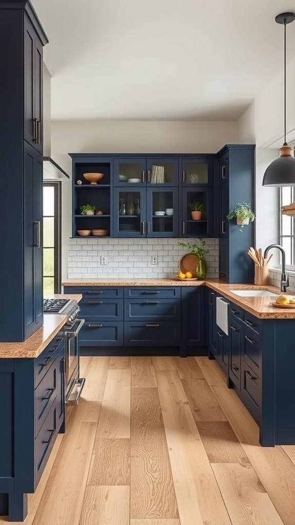 A navy blue kitchen featuring natural wood countertops and flooring, with plants and decor.