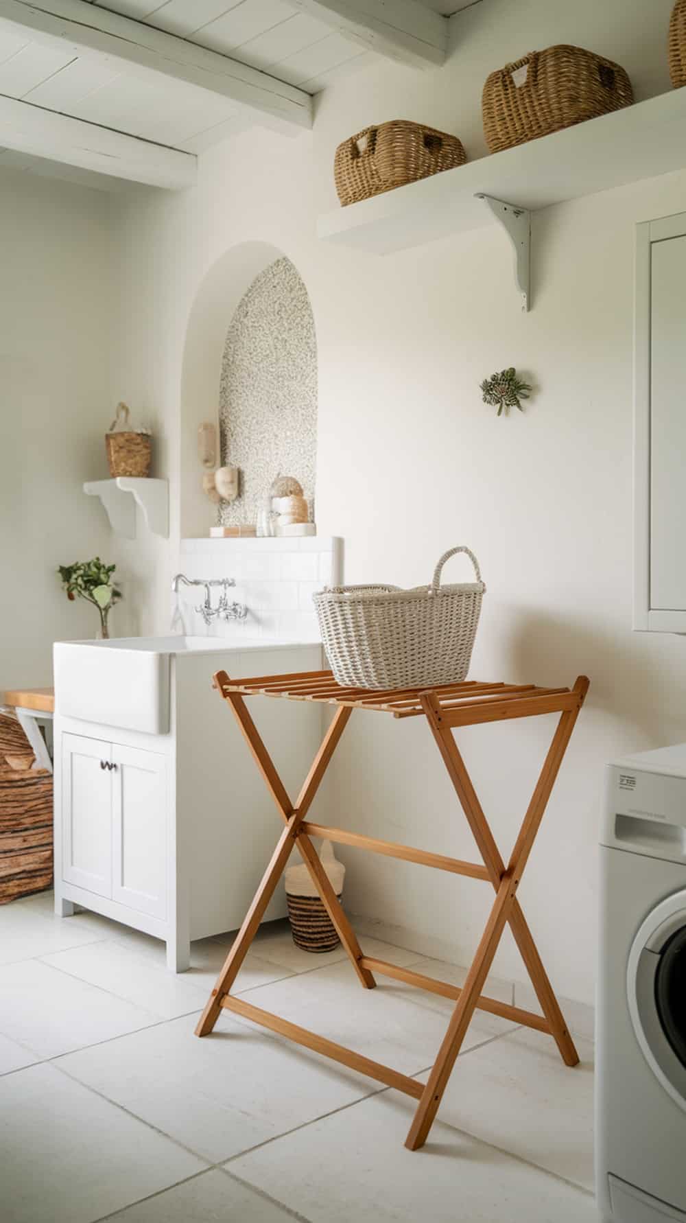 A stylish wooden drying rack in a clean white laundry room with woven baskets and white cabinetry.