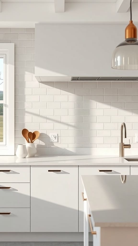 A modern kitchen featuring a greige subway tile backsplash with white cabinets and a sleek countertop.
