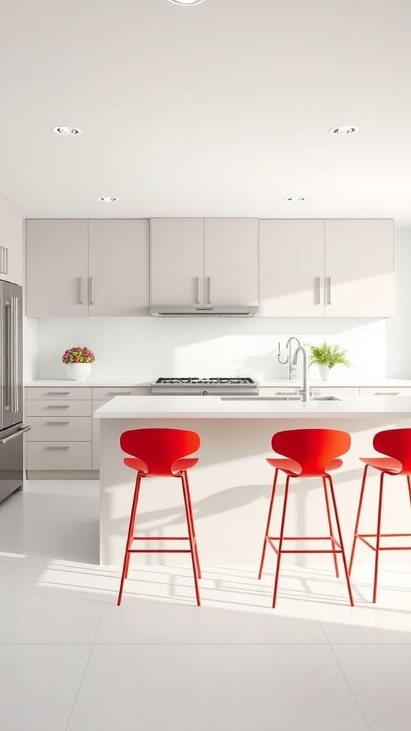 A modern kitchen featuring bright red bar stools against a white backdrop.