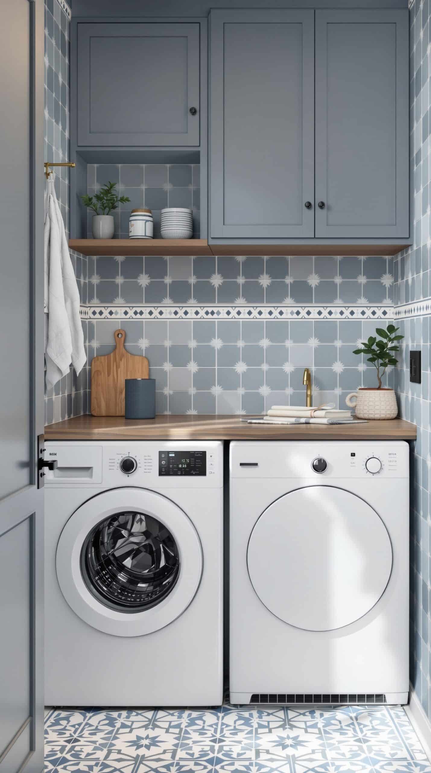 A stylish dusty blue laundry room with elegant tile patterns on the floor and walls.