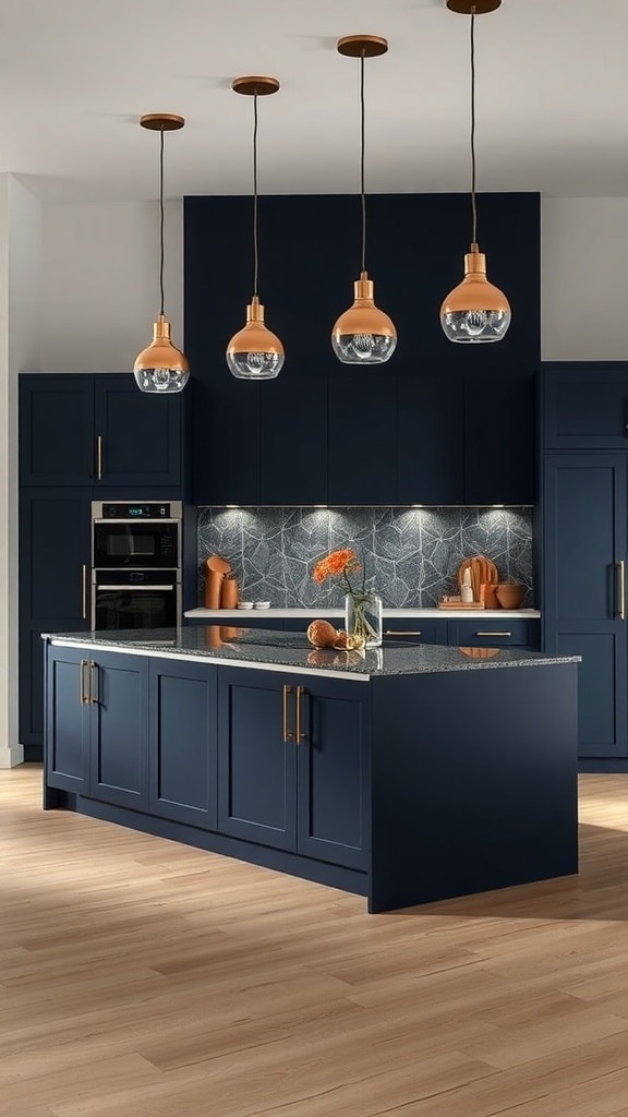A navy blue kitchen island with copper light fixtures above it, showcasing a modern kitchen design.